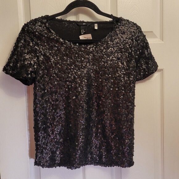 🎉NWT🎉H&M Black Sequenced Short-Sleeved Top - Picture 1 of 5